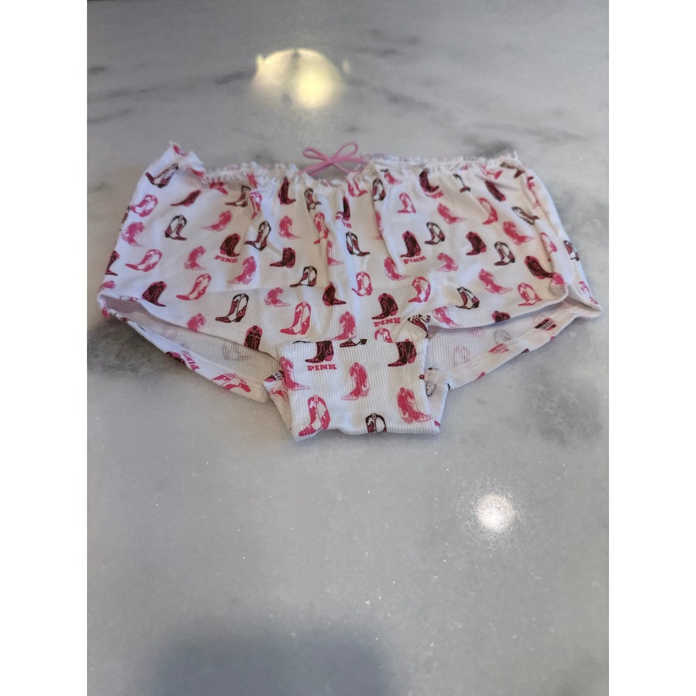 VS PINK Cowboy Boot Print Ribbed Boybrief Panties White Pink Small